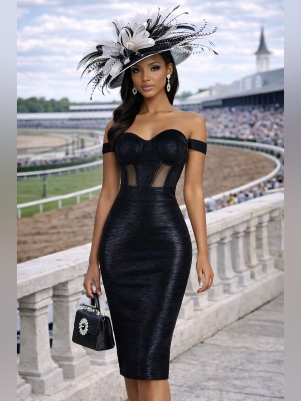 Off-Shoulder Black Bodycon Midi Dress- Kentucky Derby Ready